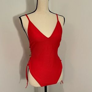 Topshop red one piece swimsuit with lace up side detail, size 10, never worn